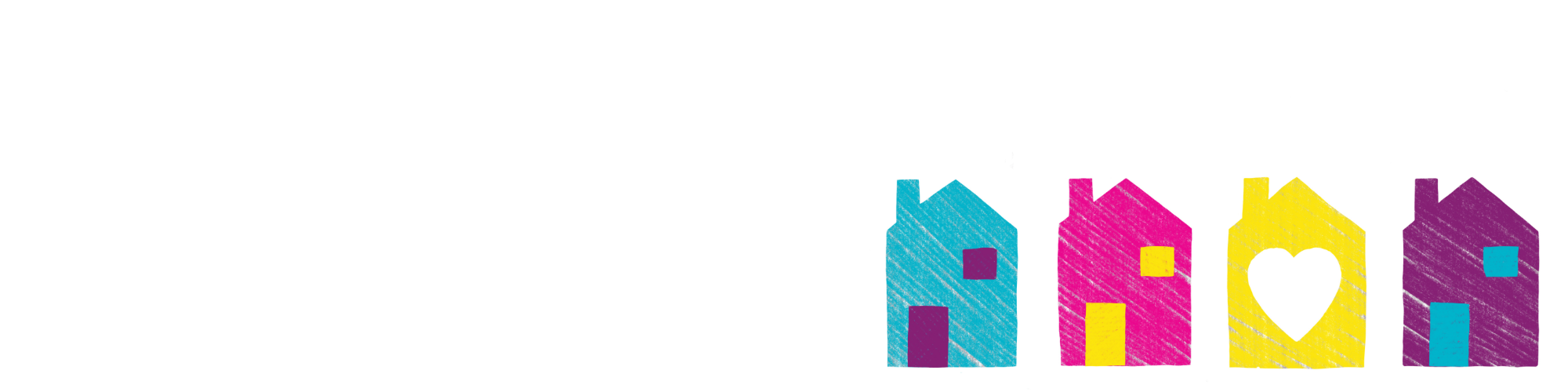 Good Neighbours logo. 4 coloured houses, one with a heart instead of windows.