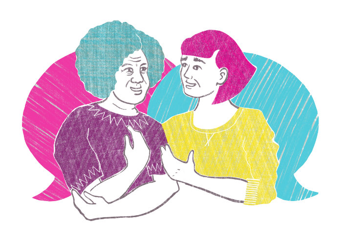 A drawing of an older woman and younger women talking and smiling