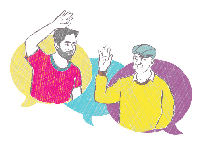A drawing of an older man and younger man smiling and waving to each other