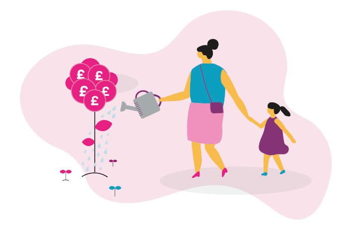 an illustration of a woman holding a childs hand, they are watering a plant