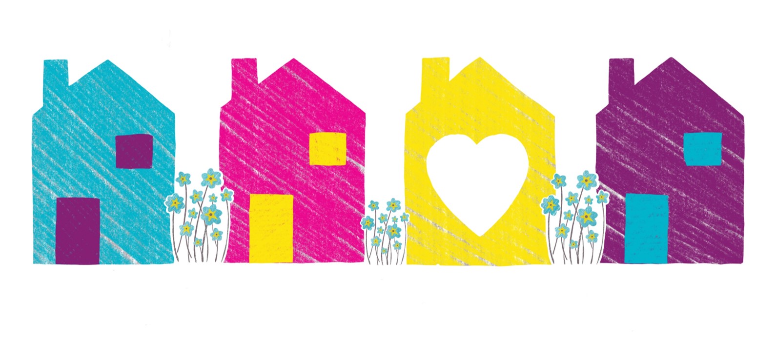 Good Neighbours drawn house logo in blue, pink, yellow and purple with forget-me-not flowers between the houses
