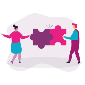 Two people connecting giant jigsaw pieces