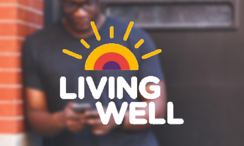 A blurred image of a man looking at his mobile phone with the Living Well Warrington logo which is a sun rising overlayed