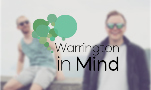 a blurred image of two young men with the Warrington in Mind logo overlayed