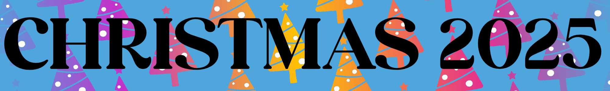 A banner saying Christmas 25 in black vintage typeface overlayed on a blue background with multicoloured christmas tree icons