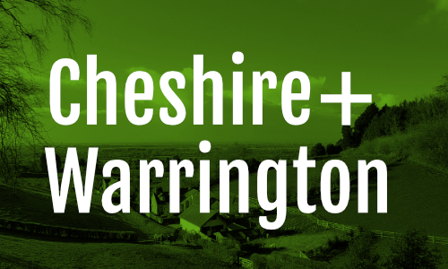An image of rural Cheshire tinted dark green overlayed with the words Cheshire and Warrington