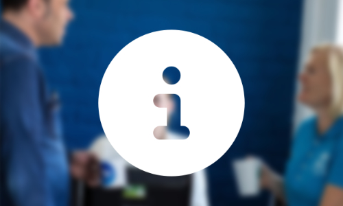 A white 'information' symbol, a circle with a lower case letter i in the middle overlayed on three people talking holding mugs.