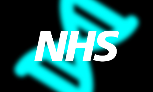 a blurred icon of a DNA strand overlayed with the NHS logo