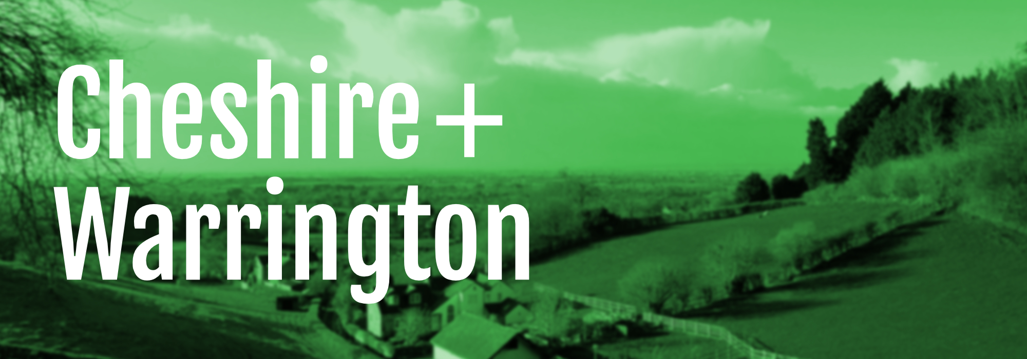 The Cheshire and Warrington devolution logo overlayed on a green tinted view of rural Cheshire